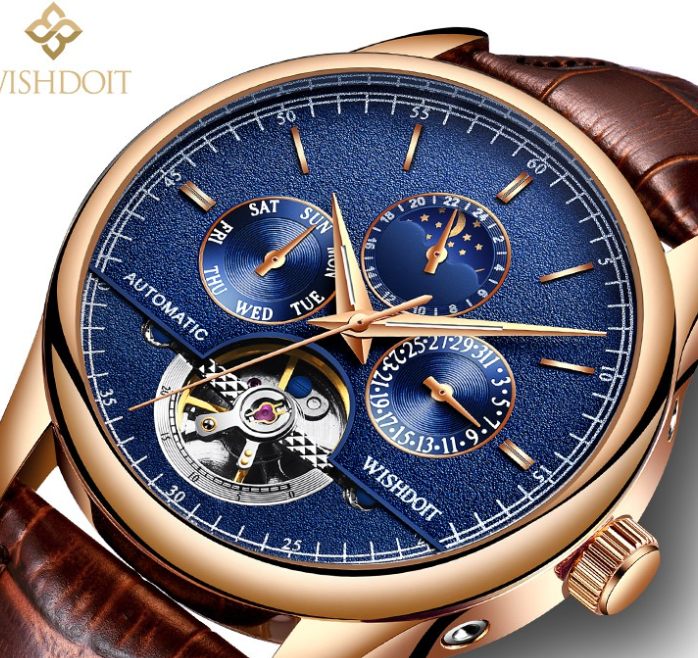 WISHDOIT Watch For Men Original Waterproof Leather Strap Business Fashion Luminous Automatic Mechanical Wristwatch BROWN BLUE