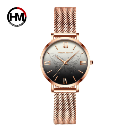 Hannah Martin Women Watches Japan Quartz Movement Watch 3D Butterfly dial Stainless Steel Waterproof Wristwatch BLACK