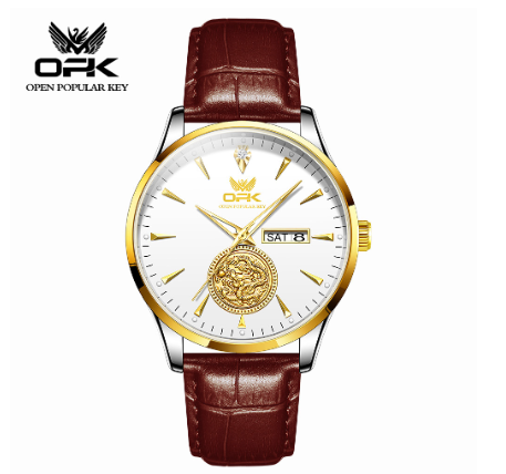 OPK Watch For Men Waterproof Luminous Quartz Original Calendar Stainless Steel Strap Diamond Golden Dragon Pattern  Watch