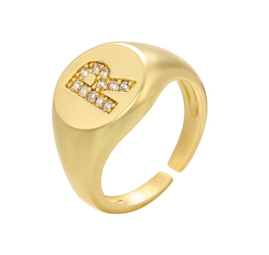 Maxzone A-Z Letter Hip Hop Gold Color Metal Finger Rings Adjustable Opening Ring Initials Name Alphabet Female Party Fashion Jewelry R