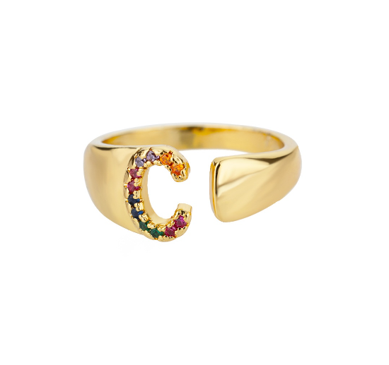 Maxzone Fashion Colorful Chunky Wide Letter A-Z Rings For Women Gold Opening Initial Letter Ring Femme Wedding Party Jewelry C