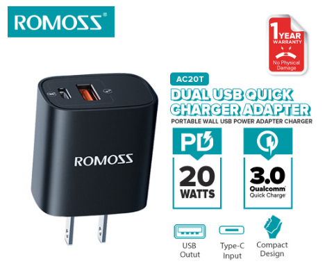 Romoss AC20T Black Dual USB 20Watts Quick Charge 3.0 Type C/USB Adapter for Huawei Xiaomi Oppo