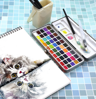 SeamiArt 50 Colors Solid Watercolor Gift Set With 6 Pcs. Detail Painting Brush