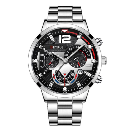 Original DEYROS Top Luxury Men's Watches Silver Stainless Steel Chronograph Analog Quartz Wrist Watch For Men Waterproof Business Watch 008