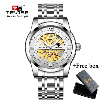 TEVISE Original Watch for Men Automatic Waterproof watch relo Gold Skeleton Luxury Stainless Steel Steel leather strap Luminous 9005A 8