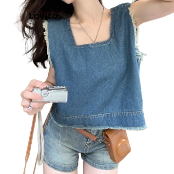 Lovito Women Raw Hem Denim Top LNA21100 (Blue)