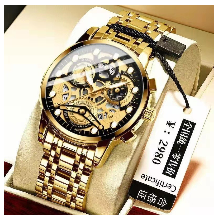 SENO Luxury 2022 New Men's Watch Hollow Multi-function Quartz Men's Wristwatch Stainless Steel Waterproof Luminous Watch GOLD BLACK