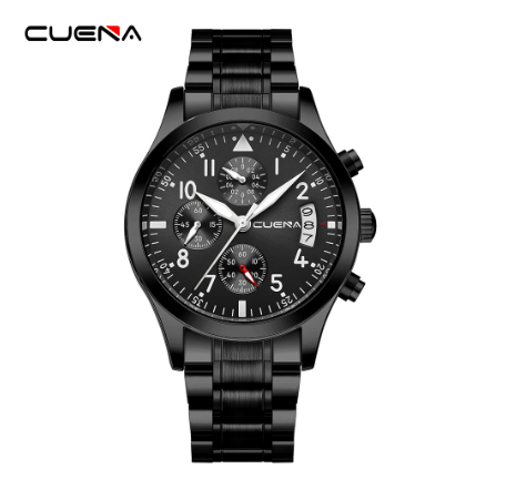 New Original CUENA Men's Watches Fashion Creative Small Dial 41CM Casual Business Sports Stainless Steel Waterproof Quartz Analog  BLACK SILVER