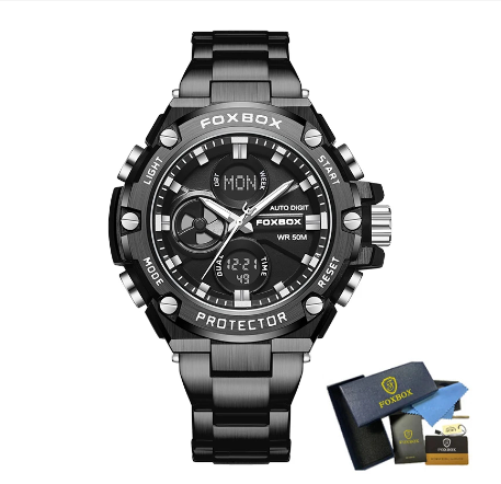 LIGE Original Digital Quartz Watch Men Fashion Stainless Steel Anti-Rust Band LCD Waterproof Sport Chronograph Wristwatches ALL BLACK