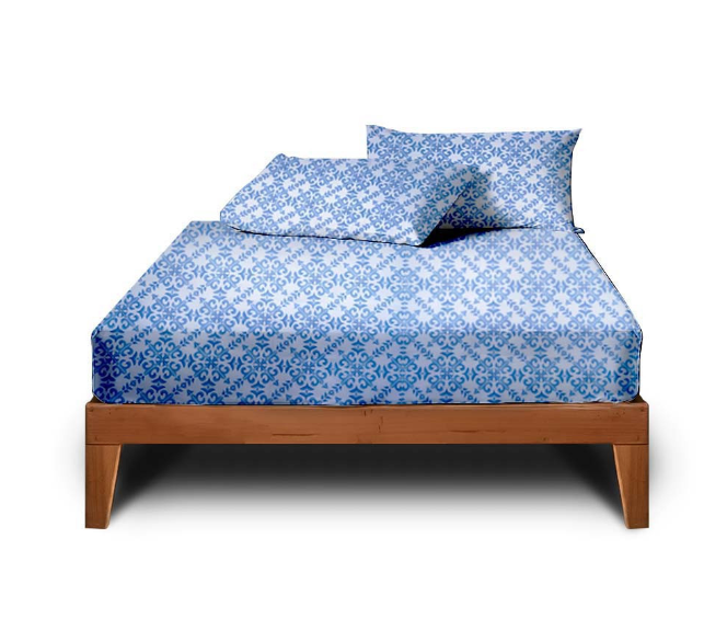 3in1 Garterized Bed Sheet Set - 2 Pillowcases & 1 Fitted Sheet - Damask Blue