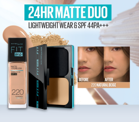 Maybelline Fit Me 24HR Matte Duo Makeup Set: Oil Control Liquid Foundation 30mL and Powder (Morena)