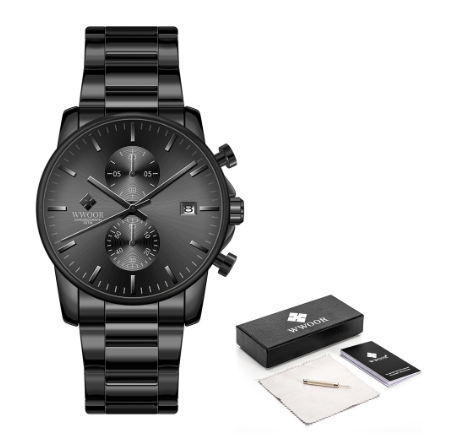 Wwoor Sports Watches Mens Luxury Brand Stainless Steel Quartz Watch Chronograph Date Wristwatch Business Male Watch BLACK