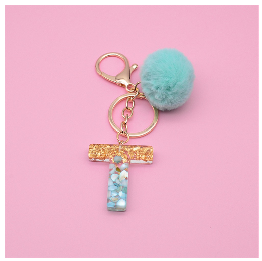 Cute Keyring Green Pompom Fur Ball 26 Letter Keychain Resin Key Chains Handbag Charms For Woman Ornaments Accessories Gift T