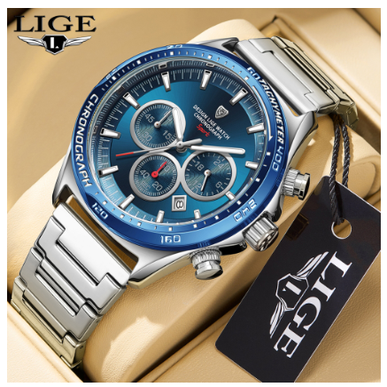 LIGE Men Original High Quality Stainless Quartz Wristwatches Waterproof Chronograph Unique Design Watch BLUE