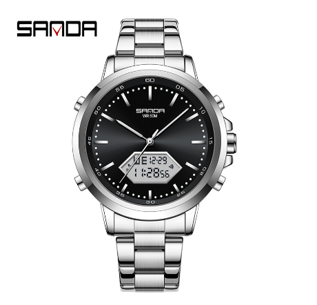 Sanda Waterproof Round Men's Fashion Quartz Watch Stainless Steel Strap Outdoor Watch SILVER BLACK STEEL STRAP