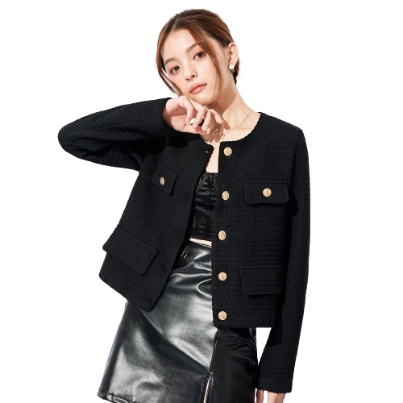 Lovito Women Elegant Plain Round Neck Button Jacket L32FW095 (Black)