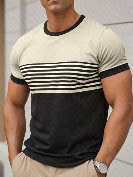 Manfinity Homme Plus Size Men's Casual Colorblock Stripe Short Sleeve T-Shirt, Summer