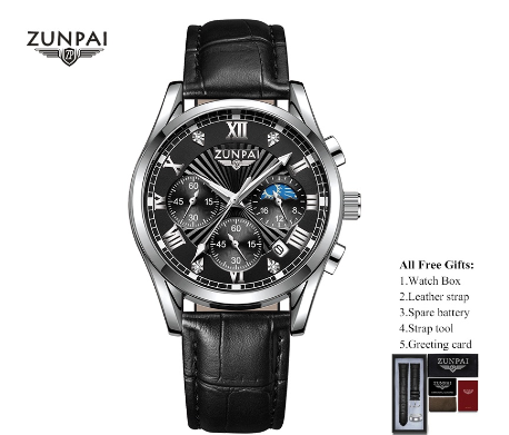 ZUNPAI Watch for Men Original Waterproof Leather Strap Unisilver Gold Business Sun Moon Star Multifunction Calendar Luminous Watch SILVER