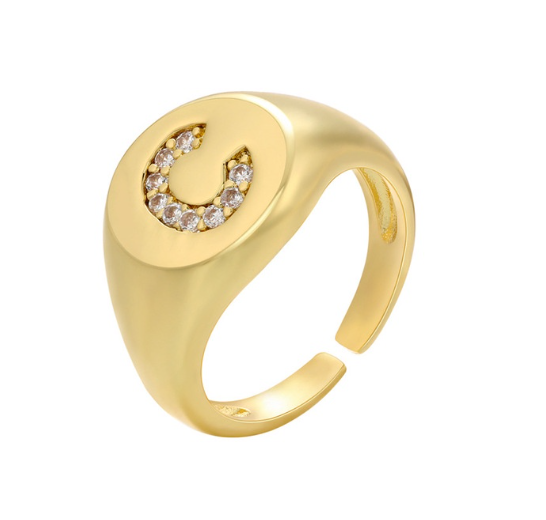 Maxzone A-Z Letter Hip Hop Gold Color Metal Finger Rings Adjustable Opening Ring Initials Name Alphabet Female Party Fashion Jewelry C