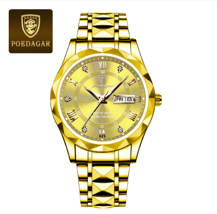 POEDAGAR business watch for men water proof original fashion luxury tungsten steel calendar luminous display prismatic diamond dial Watch GOLD