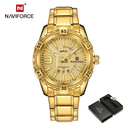 Naviforce NF9117 Men Original Brand Stainless Steel Fashion Sport Full Steel Quartz Waterproof Gold With Original Box Watch M3