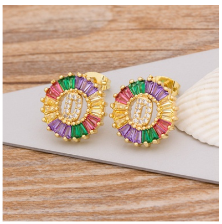 Colorful Choice 26 Initial Letters Earrings Cute Alphabet Copper CZ A-Z Rainbow Stud Earrings Name Jewelry D