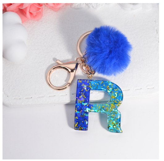 Exquisite Blue Pompom A-Z 26 Letter Keychain Glitter Heart Sequin Filled Initials Keyrings Bag Accessories Charm Car Keyholder R