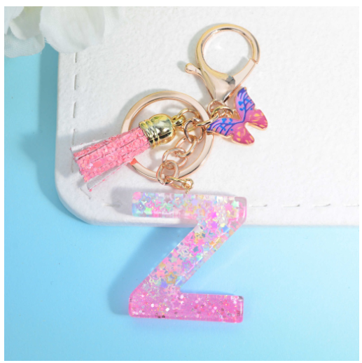Glitter Star Sequin Filled 26 Letter Keychains With Butterfly Pendant Fashion Tassel Name Initials Key Chains Car Keyrings Gifts Z
