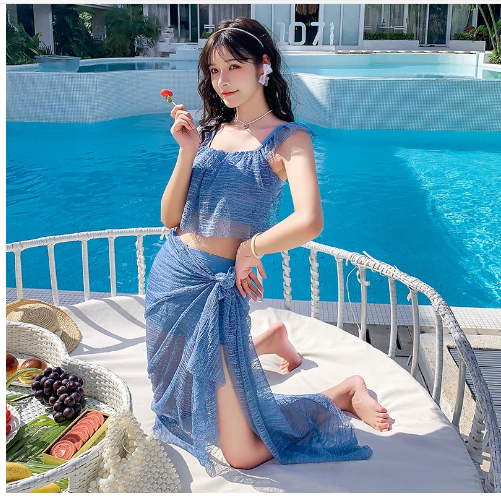 3pcs Set Women's Sexy Swimwear Solid Color Split Lace Swimsuit With Steel Ring Gathered