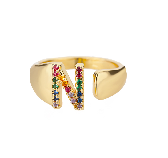 Maxzone Fashion Colorful Chunky Wide Letter A-Z Rings For Women Gold Opening Initial Letter Ring Femme Wedding Party Jewelry N