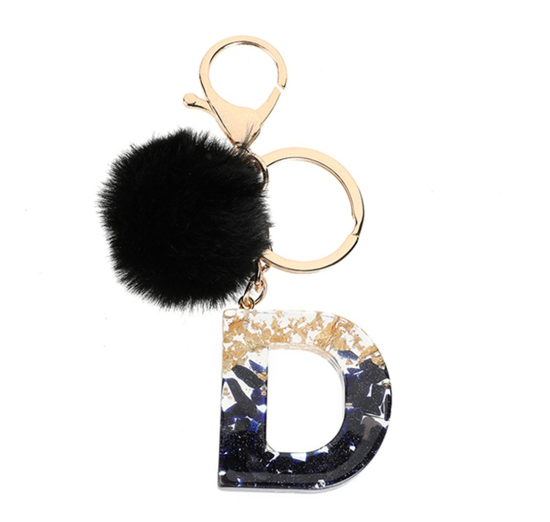 New Black Pompom 26 English Alphabet Resin With Gold Foil Keychain Charms Exquisite Letter Keyring D