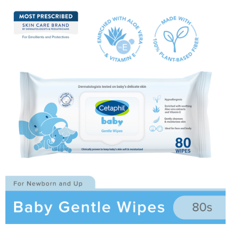 Cetaphil Baby Gentle Wipes 80 sheets (100% Natural / Soap & Silicone Free / Aloe Vera and Vitamin E)