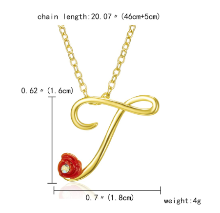 Fashion 26 Letter Necklace Ladies Red Rose Flower Clavicle Pendant Necklace Rhinestone Retro English Letter Necklace T