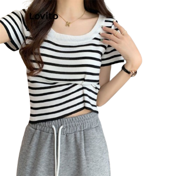 Lovito Casual Striped Basic Knit Tops for Women LNE16150 (Apricot/Black and White)