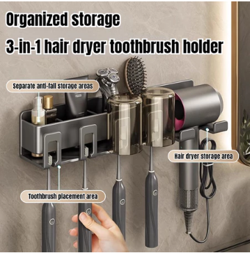 3-in-1 Punch-Free Wall Mounted Toothbrush Organizer Hair Dryer Blower Shaver Storage Rack Holder