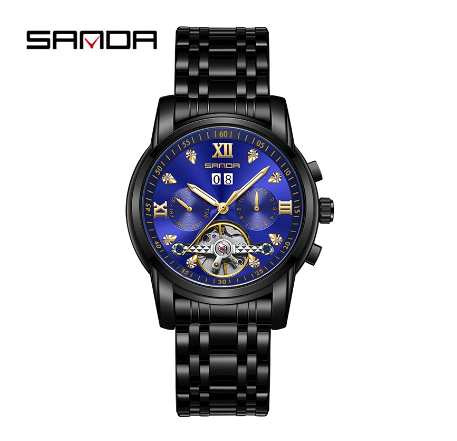 Sanda Simple Advanced Threaded Fashion Steel Band Luxury Casual Waterproof Watch BLACK BLUE