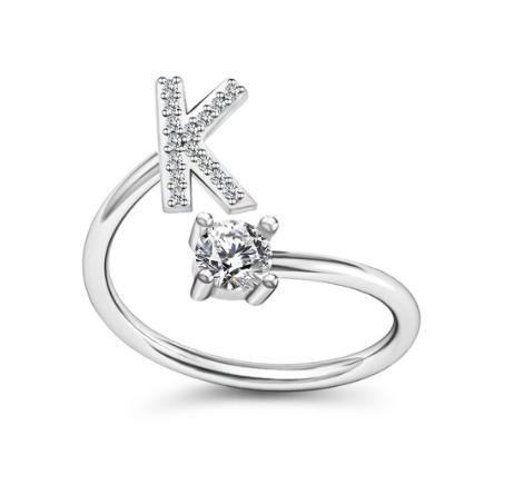 Simple Rhinestone 26 Letter Rings For Women Sliver Color Initials Adjustable Ring Opening Finger Accessories Wedding Jewelry K