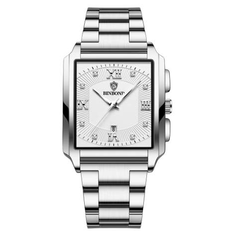 Binbond New Style Rectangular Men's Stainless Steel Band Simple Sports Outdoor Calendar Quartz Watch Waterproof Wrist Watch M5