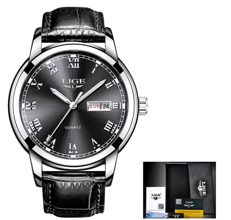 LIGE Watch For Couple Original Waterproof Stainless Steel Silver/Gold Fashion Business Trend Calendar Luminous Watches LEATHER SILVER BLACK