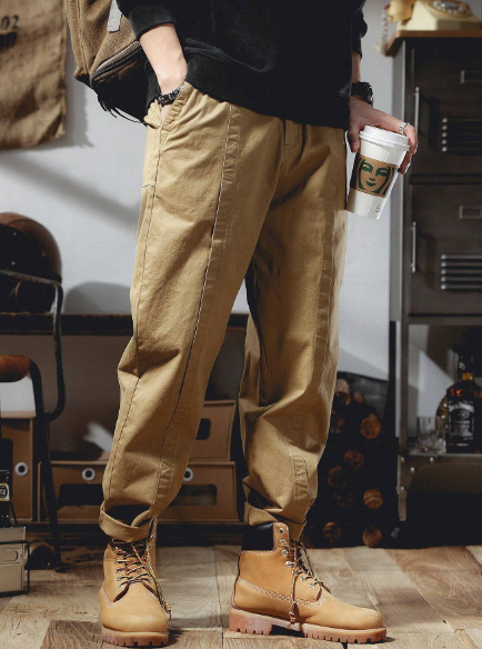 Slanted Twill Weave Elastic Waist Cargo Casual Pants