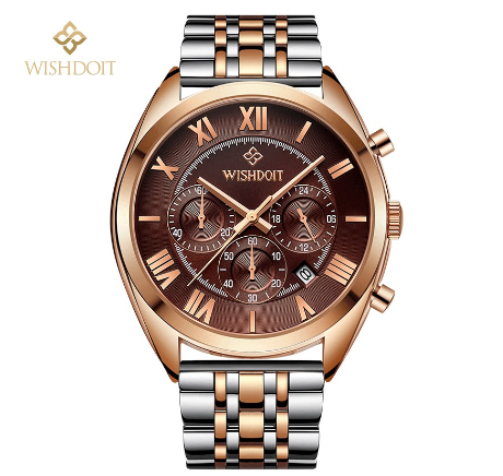 WISHDOIT Watch For Men Original Waterproof Stainless Business Quartz Fashion Luminous Wristwatch BROWN 1