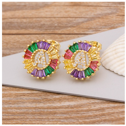 Colorful Choice 26 Initial Letters Earrings Cute Alphabet Copper CZ A-Z Rainbow Stud Earrings Name Jewelry A