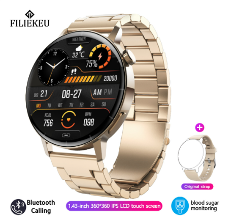 FILIEKEU smart watch for me 24-hour heart rate blood sugar watches bluetooth call waterproof sports fitness smartwatch for woman GOLD STEEL