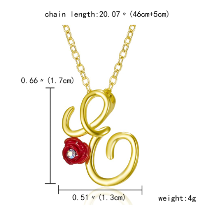 Fashion 26 Letter Necklace Ladies Red Rose Flower Clavicle Pendant Necklace Rhinestone Retro English Letter Necklace E
