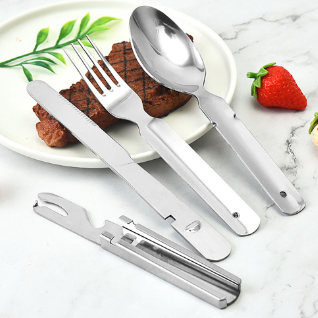4-in-1 Portable Stainless Steel Camping Spoon, Fork, Knife and Can/Bottle Opener, Military Camping
