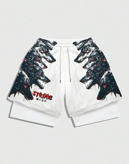 ROMWE Anime Men's Summer Sports Casual Drawstring Waist Shorts With Wolf & Letter Print