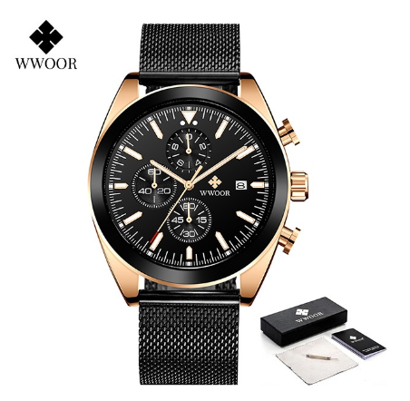 Wwoor New Fashion Men Watches Top Brand Luxury Blue Chronograph Full Steel Waterproof Quartz Sports Watch BLACK ROSEGOLD COMBINATION