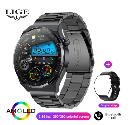 LIGE Smart Watch Men AMOLED HD Screen Heart Rate Bluetooth Call IP68 Waterproof SmartWatch For Android and Ios STEEL BLACK