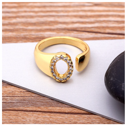 Fashion Chunky Wide Hollow A-Z Letter Gold Color Opening Ring Initials Name Alphabet Female Jewelry O