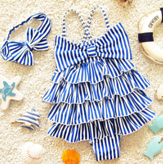 Baby Girl Swimwear Bathing Suit Little Girl Suspender Swim Swimsuit Blue Stripes Bow One Piece Swimwear